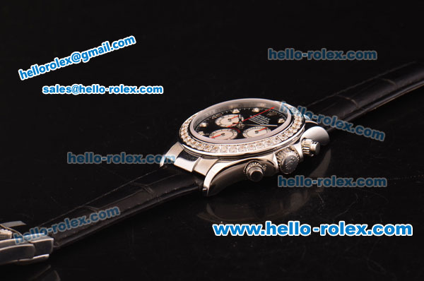 Rolex Daytona Swiss Valjoux 7750-SHG Automatic Diamond Bezel with Black Dial and Black Leather Strap - Click Image to Close